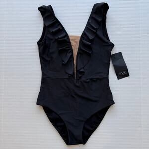 Five The Label Dancewear Women's Ruffled Black Leotard Small Plunge